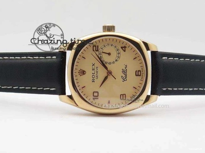 A2824 Cellini Markers Numeral Leather Date RG Rose Black Dial On Gold Strap 0721